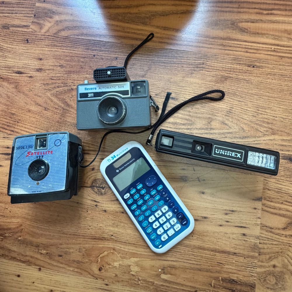 Vintage Camera Lot Mercury Satellite 127 Revere 504 Unirex 110 TI-34 Calculator